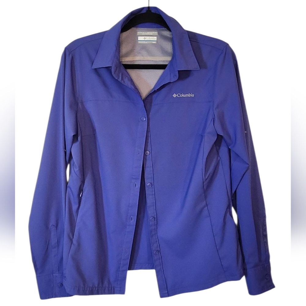 Columbia Purple Blue Omni Shade Sun Protection Shirt Button Up Top Size Medium